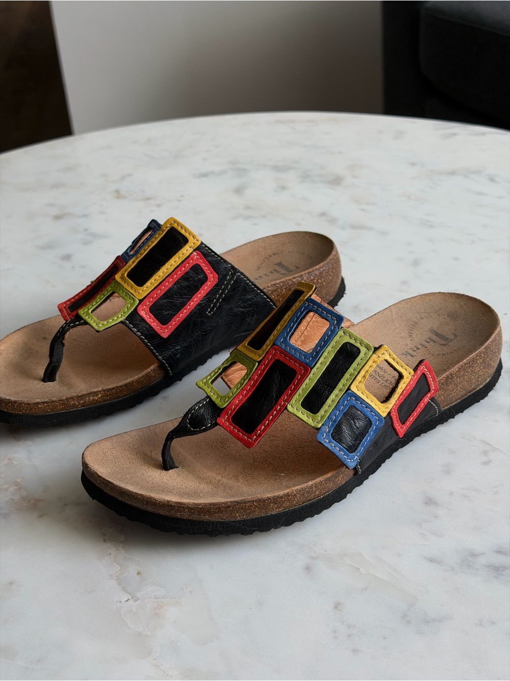 Think! Julia Multicolor Geometric Leather Thong Sandals Mules Size 38